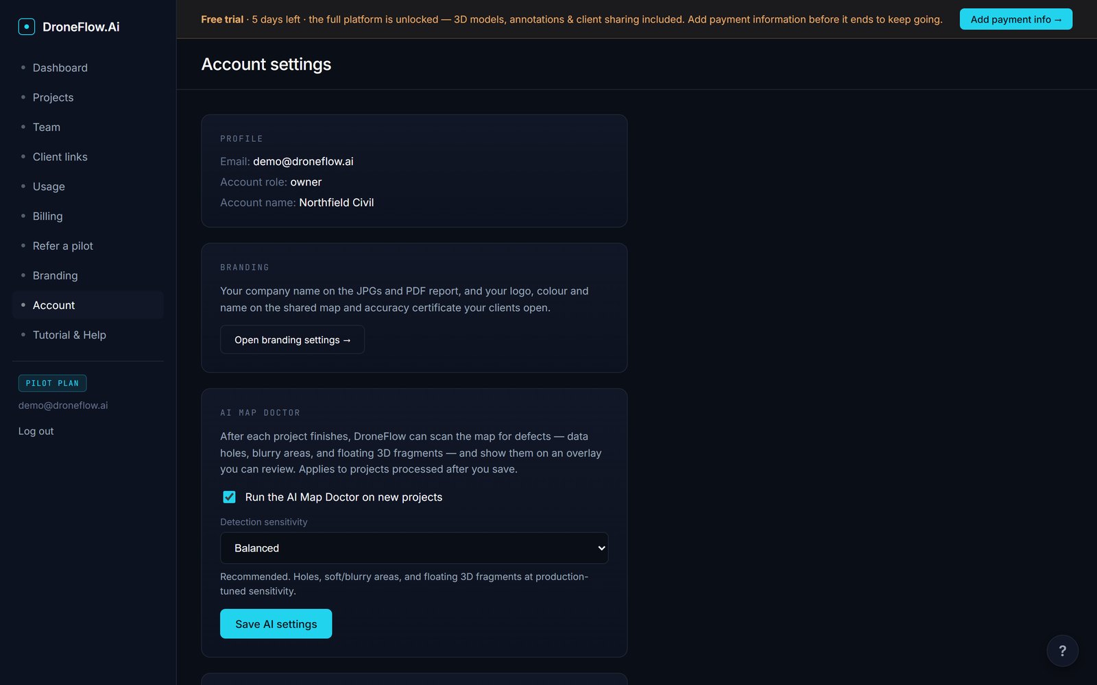 The DroneFlow Account settings page: profile details, organisation name, notification preferences and the account deletion section.