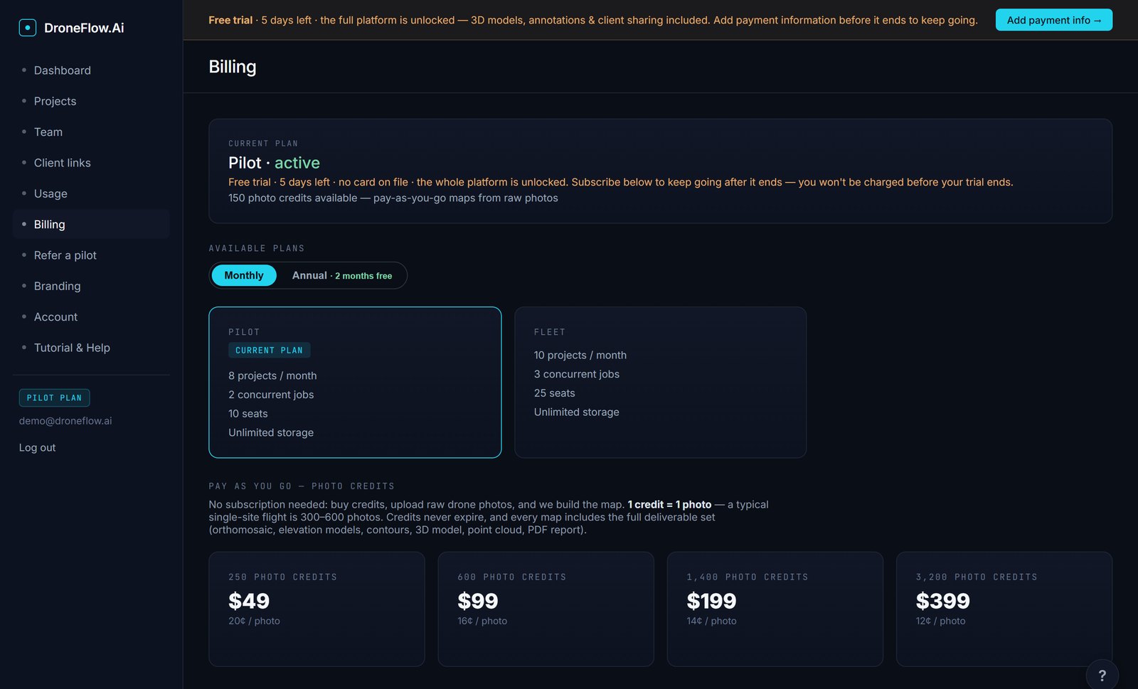 The Billing page showing the current plan, its price, the renewal date and the payment method on file.
