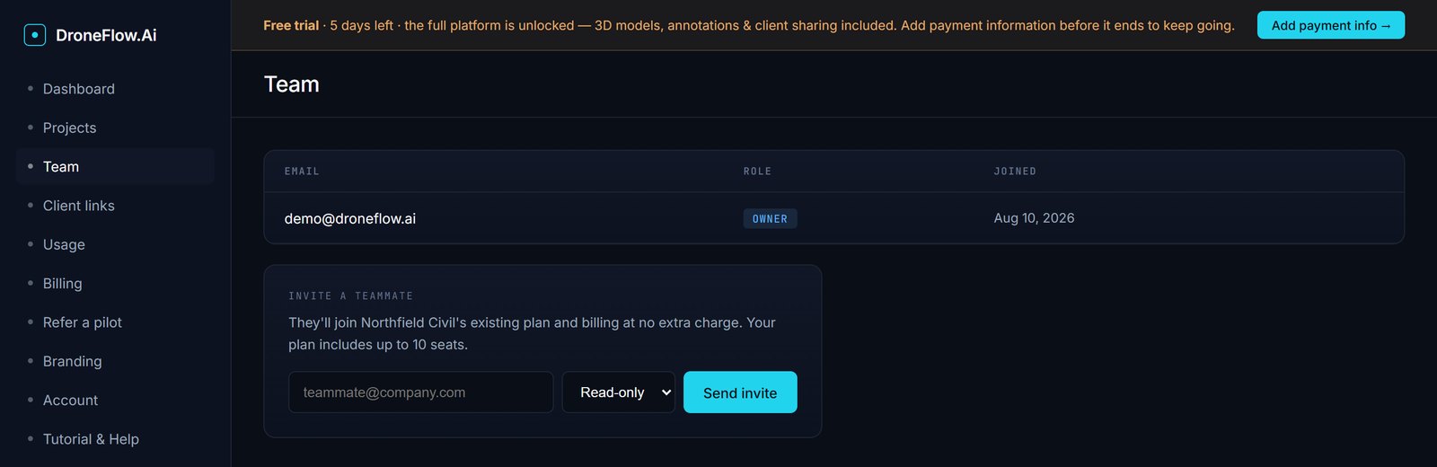 The Team page listing each member with their role, alongside the form for inviting a new one by email.