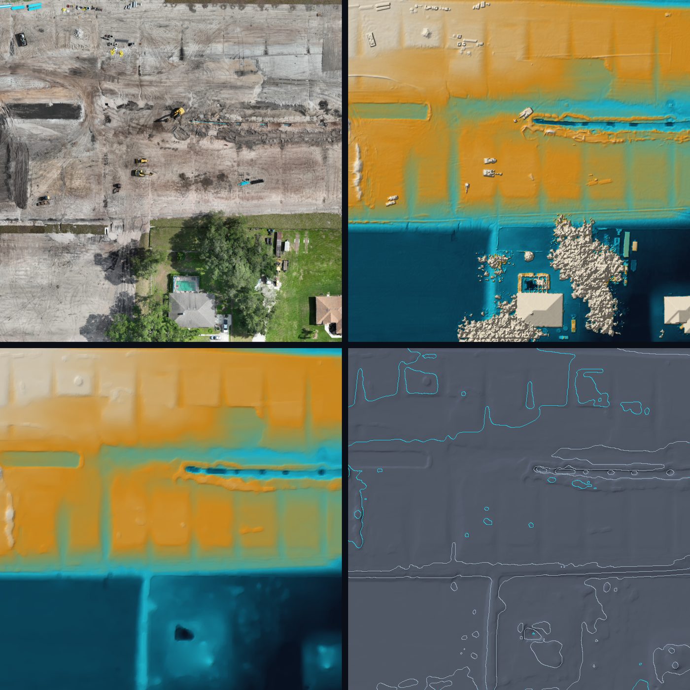 Orthomosaic of the site: graded ground, haul roads and plant, photographed from above and corrected for distortion