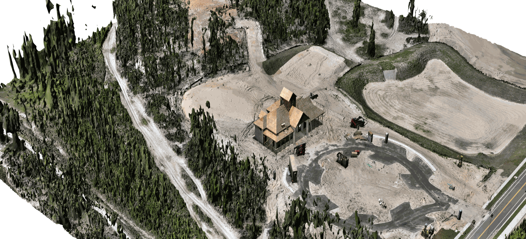 Photo-real 3D reconstruction of the Case Study #3 site: a timber-framed house under construction, a paved cul-de-sac, graded lot pads, a retention pond and tree canopy, viewed obliquely from the air